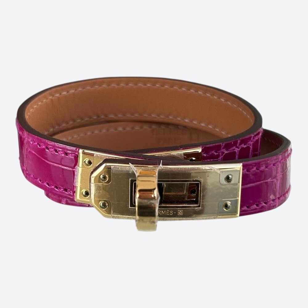 Hermes Pink Crocodile & Gold Hardware Kelly Double Tour Bracelet